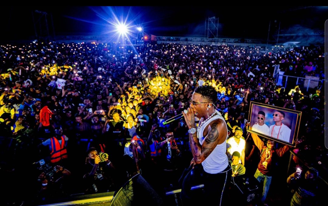 The photo shows an example of live concert where wizkid is performing